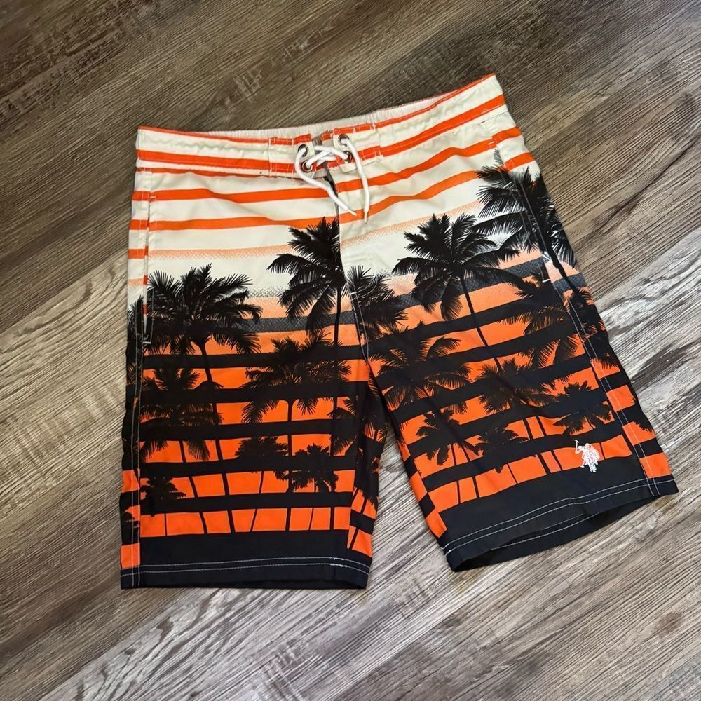 U.S. Polo Assn. Orange & Black Striped Island Palm Tree Swim Trunks Size Small